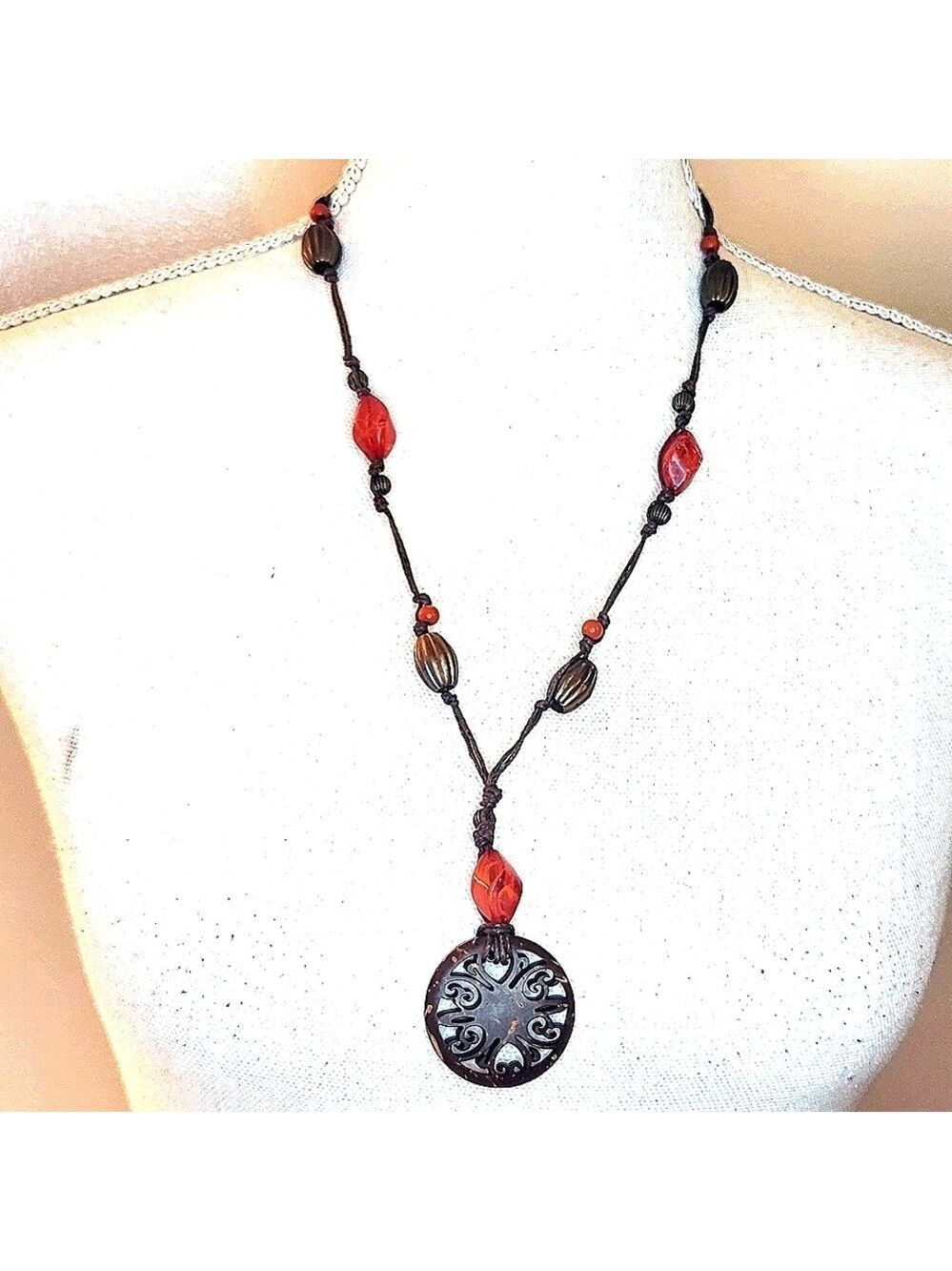 Vintage Orange & Brass Colored Beaded Necklace, 24" waxed cord necklace - tribal